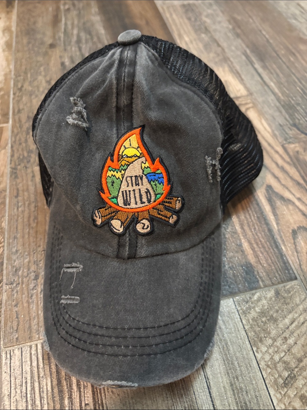 Black Mesh 'Stay Wild' Embroidered Campfire Cap with Ponytail Slot